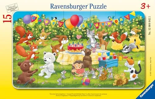 Ravensburger Kinderpuzzle - 12004042 Tierische Geburtstagsfeier - Rahmenpuzzle für Kinder ab 3 Jahren, mit 15 Teilen