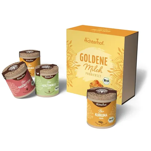 Goldene Milch Probierset Bio | Geschenkbox mit Hagebutten-, Gerstengras- & Kurkuma-Pulver - Vitamine & Nahrungsergänzungsmittel in Bio-Qualität, ideal als Geschenk für Gewürzliebhaber, nachhaltig verpackt und perfekt für die Zubereitung der beliebten Goldenen Milch.