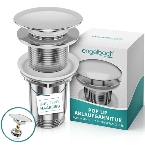 Engelbach Pop Up Ablaufgarnitur für Waschbecken - Chrom - Sanitärinstallation mit universeller Passform und einfacher Pop-Up Funktion für komfortables Öffnen und Schließen. Langlebiges Messing sorgt für Zuverlässigkeit und einfachen Einbau ohne Werkzeug.
