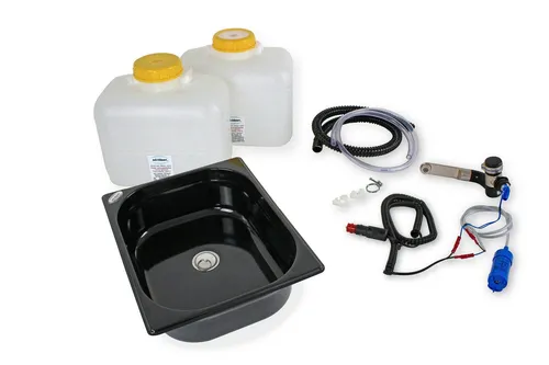 12V Camping Spüle Technik Set Waschbecken Bausatz - Praktisches Set für mobile Küchen, kompaktes Waschbecken mit 10L Volumen, ideal für Camping und Outdoor-Aktivitäten. Maße: 325x265x100mm, inklusive Ablauf.