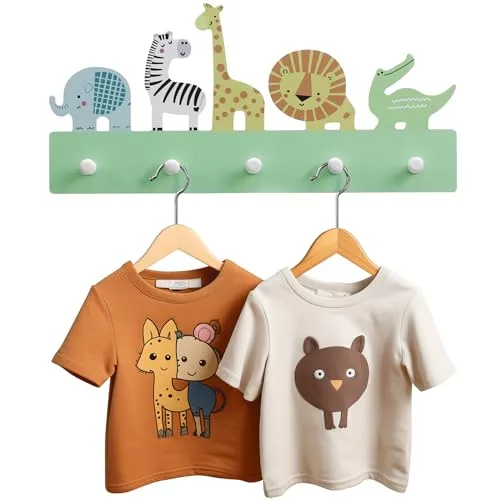 Safari Wooden Wall Rack (5 Hooks) - Wandgarderobe für Kinder mit 5 Haken, robustes Design aus Holzfaser, ideal für Ordnung im Kinderzimmer und passt perfekt zu Jungen und Mädchen.