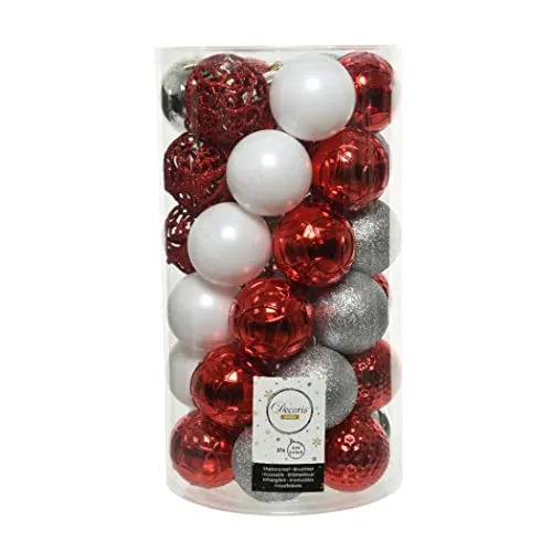 Decoris Weihnachtskugeln Kunststoff 6cm x 37er Ornamente Mix Set Christbaumkugeln bruchsicher - Rot/Weiß/Silber