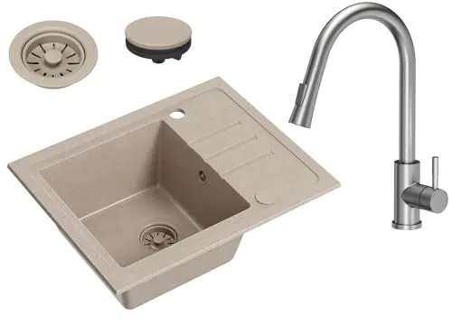 VBChome Spülbecken Granit Beige mit Armatur 55 x 44 cm Einzelbecken Einbauspüle Gesprenkelt Reversibel Granitspüle Beige Siphon Waschbecken Armatur Inox mit Ausziehbarem Auslauf