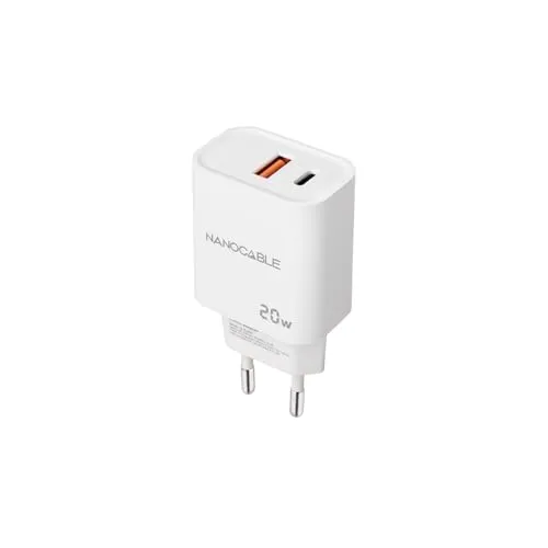 NANOCABLE 10.10.2007 Ladegerät USB-C PD und USB-A QC, 20 W, Dual-Port für Schnellladung, kompakt und kompatibel, Weiß