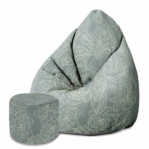 DreamRoots Sitzsack Erwachsene mit Füllung 80x80x120cm - Bean Bag Chair - Sitzsäcke mit Lehne und Hocker und Bezug - Sitzsack Sessel - Chill Sessel Velvet Floral Elegant Leaves