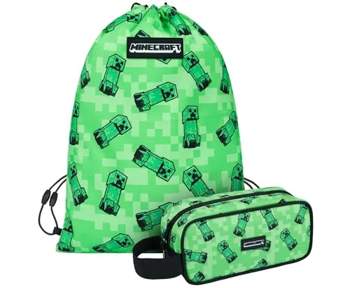 Baagl Minecraft Federmäppchen und Turnbeutel Set 2 Teilig für Jungen und Mädchen, Schule Mäppchen, Gymsack, Federmappe, Schuhbeutel, Federtasche für Teenager, Kinder Etui (Creeper)