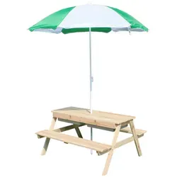 Coemo Kindersitzgruppe EDI mit Wasserbecken und Sonnenschirm - Kinderzimmertisch & -stuhlset 2 in 1: Tisch mit zwei Bänken und Sand- und Wasser-Spieltisch. Ideal für kreative Spielstunden im Freien, sicher und stabil mit abgerundeten Kanten.