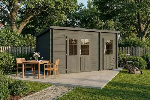 Alpholz Gartenhaus Maria mit Anbau, 450x279 cm, Grau - Gartenhaus aus 40mm Nordischer Fichte, imprägniert und langlebig. Ideal für zusätzlichen Stauraum im Garten.