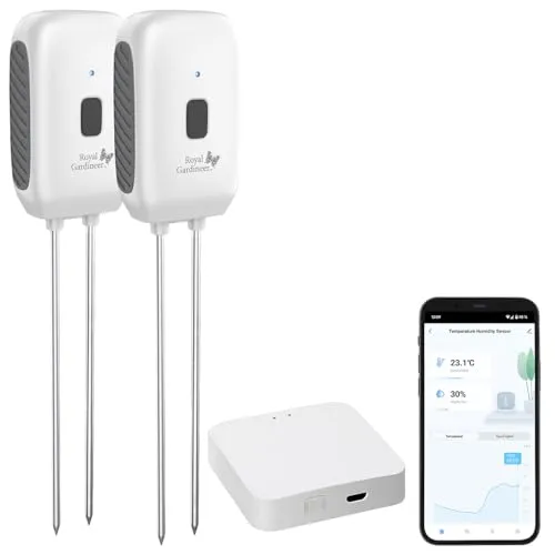 Royal Gardineer Bodenfeuchte Messgerät: 2er-Set Boden-Feuchtigkeits-&Temperatur-Sensoren mit WLAN-Gateway, App (Feuchtigkeitsmesser Pflanzen App, Temperaturtester, Winterschutz)