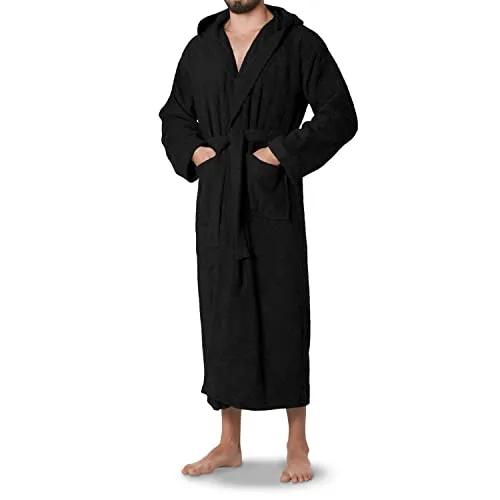 OAHOO Damen und Herren Frottee Bademantel mit Kapuze (1 Stück) Extra-langer Schnitt - Schwarz XXL