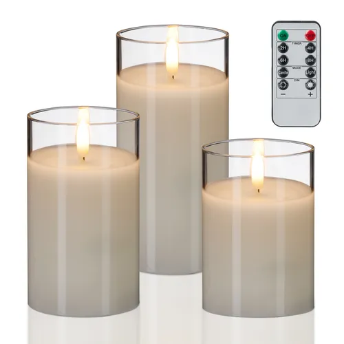 LED Kerzen Stumpenkerzen Glaskerzen Elektrokerzen Windlicht Glas Timer 3er Set