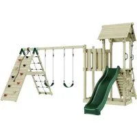 OutdoorToys Spielturm Roskilde aus Holz in Grün mit Kinderschaukel - Spielplatz-Zubehör & Teile, aus nachhaltigem Massivholz, sicher gemäß DIN EN 71, für ein optimales Spielparadies im Garten.