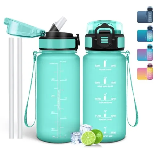 Mulbijeo Trinkflasche 500 ml, Auslaufsicher, Wasserflasche BPA-Frei, Motivierende mit Zeitmarkierung, Trinkflasche mit Strohhalm Türkis