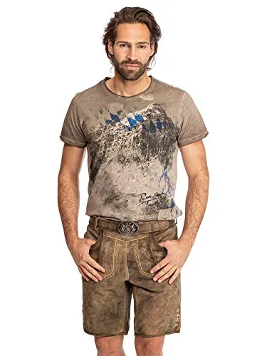 Maddox Herren Lederhose Horn antik - Stein 58 - Trachtenlederhose mit passendem Gürtel und H-Träger, ideal für festliche Anlässe und authentischen Look.