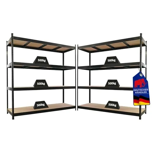 Profi Schwerlastregal HERCULES | 200x200x60cm | 500kg Tragkraft | Schwarz - Hochwertiges Schwerlastregal HERCULES – ideal für Werkstatt und Lager. Mit 4 höhenverstellbaren Ebenen, robustem Stahl und einfachem Stecksystem für schnellen Aufbau. Hohe Stabilität und Platz für schwere Gegenstände.