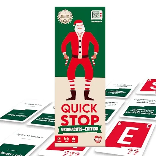 ATM Gaming Quickstop - Weihnachtsedition: Das Buchstaben-Duell - Deckkartenspiel für 2-7 Spieler ab 10 Jahren, perfekt für festliche Abende mit 240 weihnachtlichen Kategorien und schnelle, einfache Regeln – der ideale Spaß für die ganze Familie!