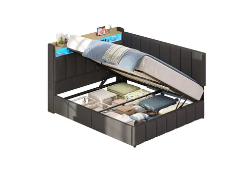 KIMENICH Jugendbett mit LED Beleuchtung und Ladestation, 140 x 190 cm, Grau - Modernes Polsterbett mit praktischem Stauraum und integrierter Ladestation. Die LED-Beleuchtung sorgt für eine angenehme Atmosphäre und die hydraulischen Stangen ermöglichen einfachen Zugang zum geräumigen Bettkasten.