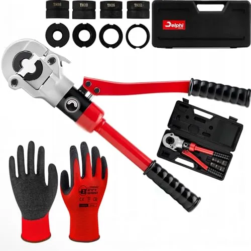Delphi Presszange TH Verbundrohr 16-20-26-32mm (360° Kopf, 8T Druck) plus Schutzhandschuhe