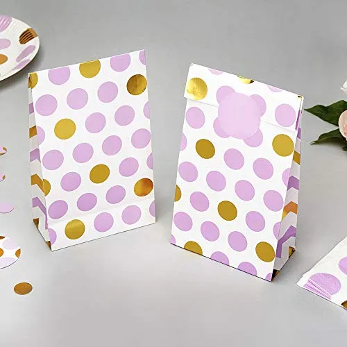 Papiertüten Punkte lila gold 20 x 12 x 6 cm 5 Stück - Geschenktüten Hochzeit Candy Bags Kindergeburtstag Mitgebsel Kinderparty Paper Bags Candy Bar Bonbontüten Süßigkeiten-Tüten Dots lila gold