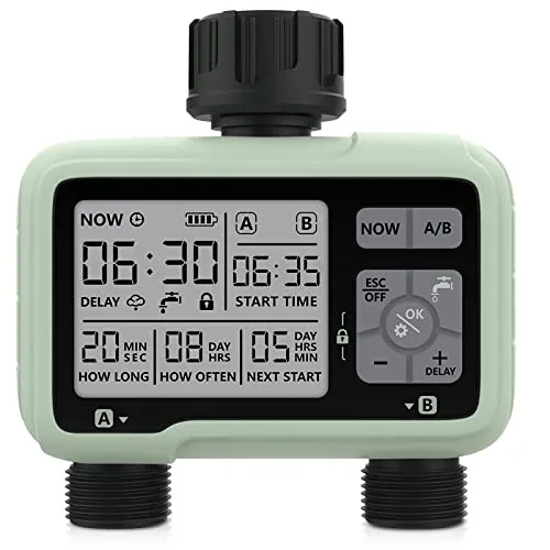 CROSOFMI Bewässerungscomputer 2 Ausgänge - Zeitschaltuhr für automatische Bewässerung mit Regenverzögerung, ideal für Gärten und Rasenflächen. Schützen Sie Ihre Pflanzen vor Überwässerung und sparen Sie Wasser.