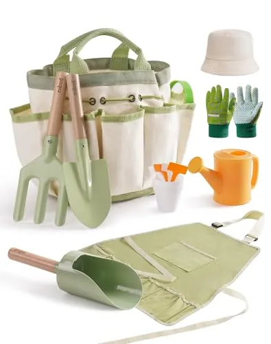 ROBUD Kinder Gartenarbeit Set, 18 PCS Kleinkind Gartengeräte Kit mit Schürze, Handschuhe, Schaufel, Gabel, Gießkanne, Zylinder Schaufel, Outdoor-Lernspielzeug für Jungen & Mädchen ab 3 Jahren