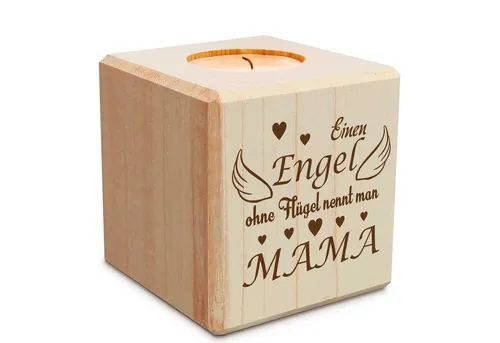GRAVURZEILE Teelichthalter aus Holz - Einen Engel ohne Flügel nennt man Mama - 7,8 x 7,8 x 8 cm (1 St., Teelichthalter aus Holz), schönes Geschenk zum Muttertag
