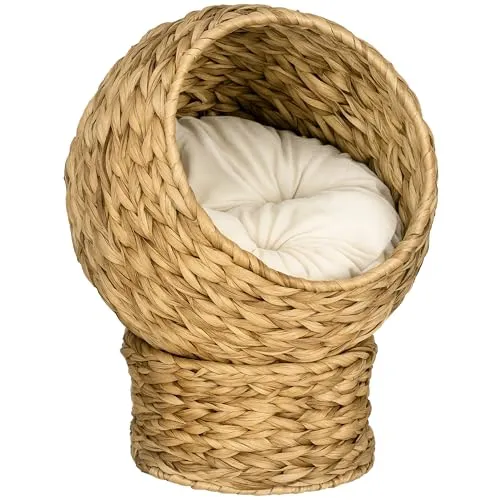 PawHut Rattan Katzenkorb mit Kissen - Katzenhöhlen & -häuser: Moderner Katzenkorb aus Wasserhyazinthe mit abnehmbarem Kissen für ultimativen Komfort und einen geschützten Rückzugsort.