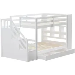 Etagenbett,Kiefernbett(Weiß)Kinderbett,Jugendbett mit Sicherheitstreppe mit Staufächern,Stauraumschubladen und Schließfächern,hohe Zaunkonstruk... - Weiß