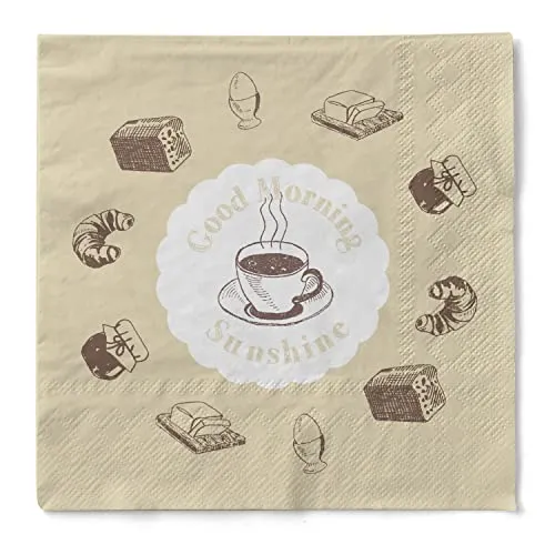 Sovie HOME Serviette SUNSHINE, 3-lagiges Tissue, 33 x 33cm, 1/4 Falz, 20 Stück, Design mit Kaffeetasse, Toast, Marmelade, Croissant, Ei in Braun- und Cremefarben