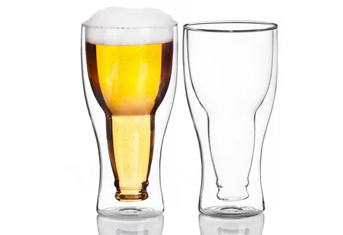 Dimono Bierglas Doppelwandiges Trinkglas, 2-tlg., Borosilikatglas, Umgestülpte Bierflasche im Glas