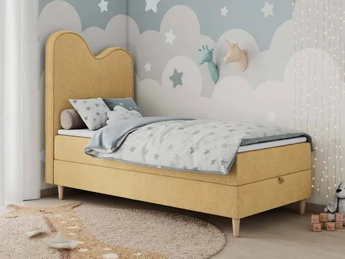 Boxspringbett FLOW - Gelbes Einzelbett für Kinder und Jugendliche 90x180cm - Hochwertiges Boxspringbett mit 7-Zonen-Taschenfederkernmatratze und praktischem Bettkasten, ideal für komfortablen Schlaf und Stauraum.