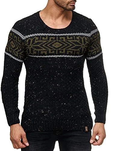 Reslad Herren Strickpullover Rundhals Norwegerpullover Muster RS-18003 Schwarz M
