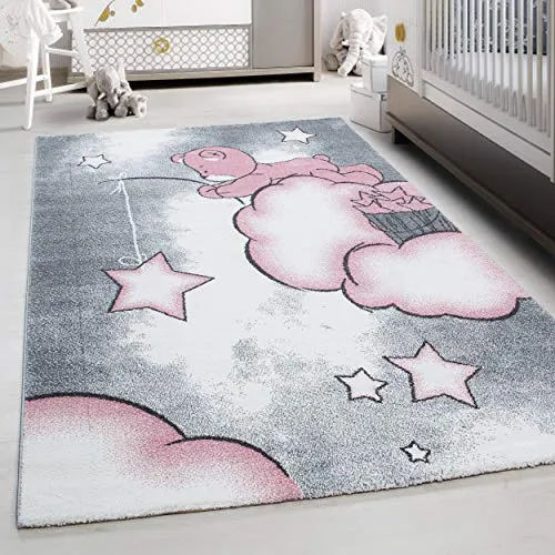 Teppium Kinderteppich für Jungen und Mädchen Bär Muster 80 x 150 cm Pink - Kurzflor Waschbarer Teppich Extra Weich und Antiallergen - Teppich für Kinderzimmer, Babyzimmer und Spielzimmer