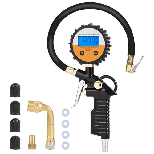 Gaethra Digitaler Reifendruckprüfer mit Flexiblem Schlauch, Reifenfüller Digital für Auto, Motorrad, Manometer Messbereich: 0-16 BAR/220 PSI