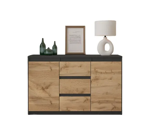 MIKEL Kommode / Sideboard mit 3 Schubladen und 2 Türen - Anthrazit Grau / Wotan Eiche - Das MIKEL Sideboard verbindet modernes Design mit praktischer Funktionalität. Mit 3 geräumigen Schubladen und 2 Türen ist es ideal zur Aufbewahrung in Wohnräumen oder Büros. Hochwertige Materialien sorgen für Langlebigkeit.