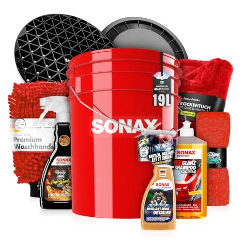 SONAX Wascheimer Set 20L mit Shampoo, FelgenBeast & Detailer 10-teilig | Mit Deckel, Dirt Trap, Waschhandschuh, 1400GSM Trockentuch und Mikrofasertuch für Wäsche, Felgenpflege und Finish