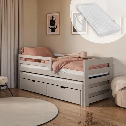 Kids Collective Einzelbett 90x200 cm mit Rausziehbett und Schubladen - Praktisches Kinderbett aus massivem Kiefernholz mit Rausziehbett für Übernachtungsgäste, inklusive Rausfallschutz und zwei Schubladen für optimalen Stauraum.