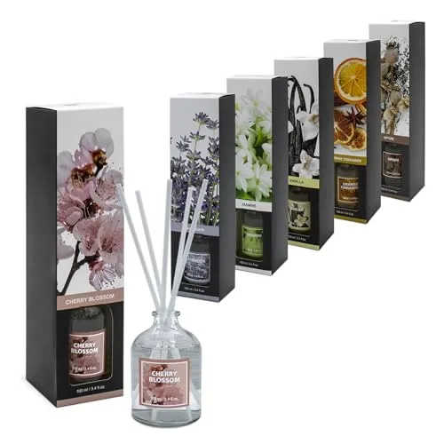 Spetebo Raumduft mit Diffuser Sticks in 6 verschiedenen Düften - 6er Set - Duftdiffuser 100 ml mit 5 Stäbchen - Raum Erfrischer Lavendel Jasmin Kirschblüte Orange-Zimt Opium Duft Aroma Therapie
