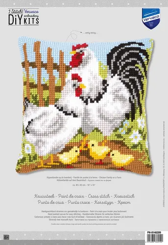 VERVACO Kreuzstich Kissen Set Hühnerfamilie - Kreuzstich-Set für Anfänger mit vorgedrucktem Design, enthält alle Materialien und eine mehrsprachige Anleitung für kreatives Handarbeiten.