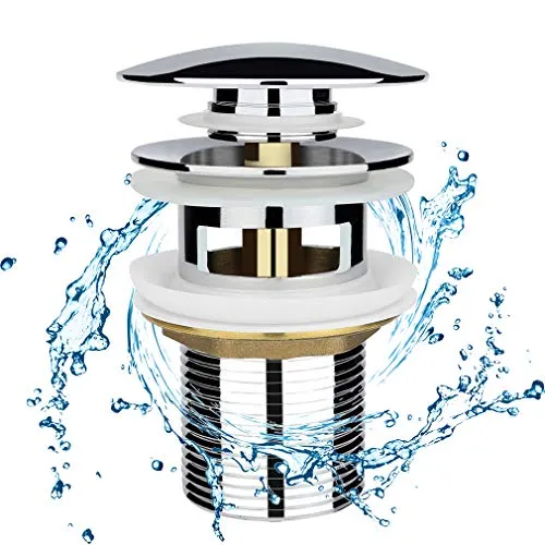 Chrom Universal Ablaufgarnitur für Waschbecken & Waschtisch Modernes Pop-Up Click Clack Ventil - Ablaufventil mit Überlauf, Abflussgarnitur Werkzeugloser Einbau