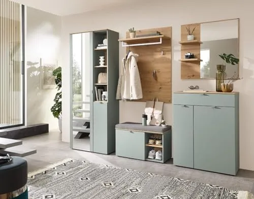 Garderoben-Set PESCARA in Schilfgrün / Artisan Eiche Nb. - Stylisches Garderoben-Set in Schilfgrün, ideal zur optimalen Nutzung von Flächen und sorgt für Ordnung im Eingangsbereich.