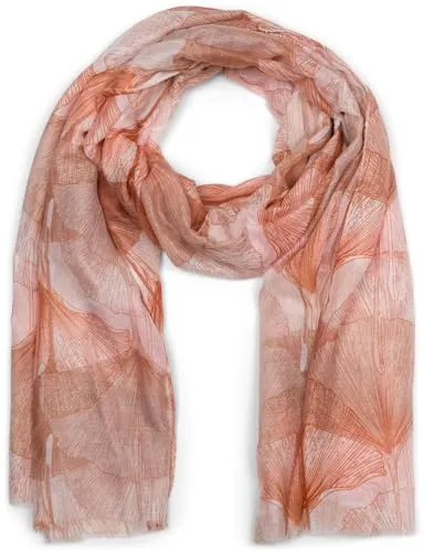styleBREAKER Damen Schal mit farbigem Ginkgo Leaves Blätter Muster Print und kurzen Fransen, leichtes Tuch, Stola 01016208, Farbe:Terracotta-Beige