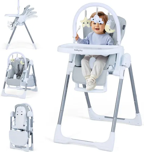 COSTWAY Hochstuhl Baby, Kinderhochstuhl mit Spielbügel, Rollen, Liegefunktion & Rückenlehne, Babystuhl, Babyhochstuhl für Kinder ab 6Monaten, Hellgrau
