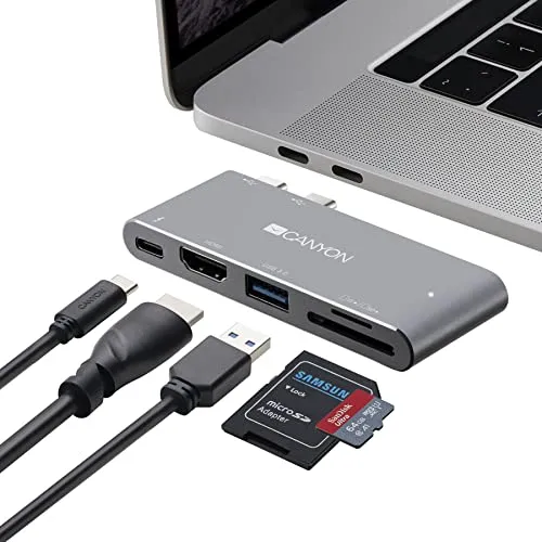 CANYON Thunderbolt 3 Hub 5-in-1: USB-C Docking-Station - USB-Hub mit 4K HDMI, 2x USB 3.0 und SD/TF Kartenleser, perfekt für MacBook Pro und Air, ermöglicht blitzschnelle Datenübertragung und vielseitige Anschlussmöglichkeiten.
