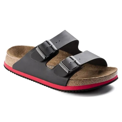 Birkenstock Sandale Arizona Superlauf - Komfortable Pantolette in Schwarz/Rot - Pantoletten mit Birko-Flor-Obermaterial, leicht und ideal für den Alltag, Gewicht nur 602 g, schmale Schuhweite für perfekten Sitz.
