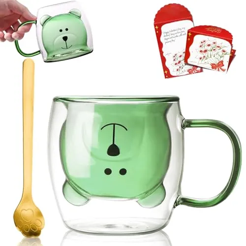 Afitdon Niedliche Bärchen Tasse Doppelwandige, 280 ml Süße Bärchen Tassen mit Segenskarte, Löffel & Becherdeckel, Doppelwandiges Gläschen für Cappuccino, Latte Macchiato, Tee, EIS und Milch