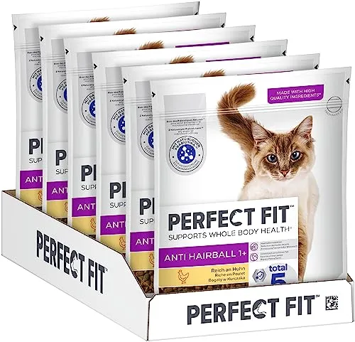 PERFECT FIT Anti-Hairball Adult Trockenfutter für erwachsene Katzen ab 1 Jahr - Huhn, 750g (6 Beutel)