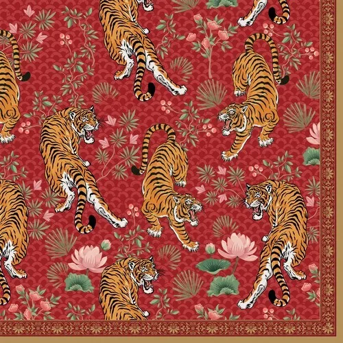 Servietten Bengala Aggressive Tiger Tiere Blumen Muster Bordüre Asien 33x33cm 20