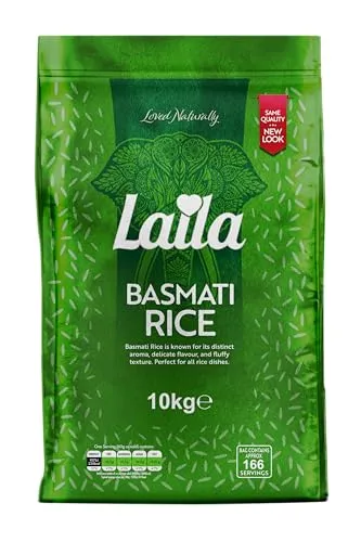 Laila Basmati Reis 10 kg - Hochwertiger Basmati Rice aus Pakistan - Reis, bekannt für sein delikates Aroma und hervorragenden Geschmack, ideal für pikante Gerichte. Anbau seit 7000 Jahren in den Himalaya-Hochländern.