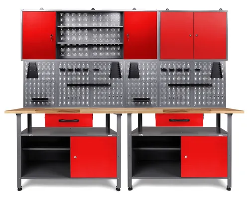 Ondis24 Werkstatt Set 240cm – 2x Werkbank und 2x Werkzeugschrank - Robustes Werkstatt Set mit 2 Werkbänken und 2 abschließbaren Werkzeugschränken. Ideal für die organisierte Lagerung von Werkzeugen und Materialien, maximale Kapazität von 760 kg.